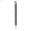 A grey metal pen with a rubberised grip and a silver clip, featuring a branding logo.