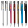 A collection of metal pens in white, pink, red, gold, blue, and black, each featuring a branding logo.