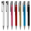 A collection of metal pens in white, pink, red, gold, blue, and black, featuring chrome accents and a branding logo.