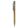 A metal pen with a sleek gold body and silver accents, featuring a clip and a shiny finish.