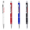 Four metal pens in white, red, blue, and black, each featuring a logo and a textured grip.