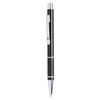 A black metal pen with a chrome clip and detailing, featuring a textured grip and a branding logo.
