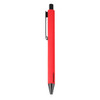 A red metal pen with a black clip and tip, featuring a sleek design and a logo on the barrel.