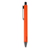 An orange metal pen with a black clip and tip, featuring a sleek design and simple branding.