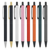 A collection of metal pens in various colours: black, gold, white, pink, red, orange, teal, and dark grey.