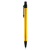 A metal pen in a vibrant gold colour with a black clip and two silver bands. It features a branding logo.
