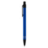 A blue metal pen with a black clip and tip, featuring two silver stripes near the base. It has a logo on the side.