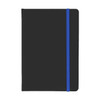 A5 PU notebook in black with a blue elastic band. Features a smooth cover and includes a logo.