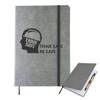A5 textured grey PU notebook with an elastic closure and a pen, featuring a logo on the cover.