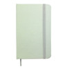 A light green PU notebook with a grey elastic band and a ribbon bookmark, featuring a logo on the cover.