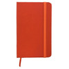 An orange A6 PU notebook with an elastic band closure and a bookmark ribbon. It features a branding logo.