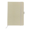 A cream-coloured cotton notebook with a white elastic band and a logo on the cover.