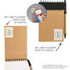 A brown Flexi Notebook with a spiral binding and a pen attached, featuring NFC label placements on the cover and inside.