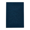 A dark blue notebook with a textured cover, featuring a logo on the front.