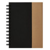 A notebook featuring a black cover with a brown kraft side, secured by a black spiral binding. It has a logo on the front.