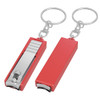 A red nail clipper key ring with a shiny metal clip and a keychain attachment. Includes a logo.