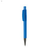 A blue plastic pen with a silver tip and a clip, featuring a logo on its side.