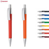 Two plastic pens, one orange and one red, alongside a selection of coloured pen tips. The pens feature a logo.