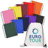 A collection of drawstring bags in various colours, including pink, yellow, green, and black, with one featuring a logo.