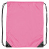 A pink nylon backsack with black corners and drawstring closures. It features a logo in the design.