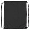 A black nylon backsack with drawstring closure and reinforced corners, featuring a branding logo.
