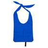 A blue nylon sling bag with open handles and a knotted top. It features a logo but no text.