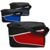 A nylon cooler bag in three colours: red, blue, and black, featuring a contrasting design and a shoulder strap.