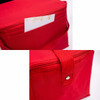 A red nylon cooler bag with a zip closure, featuring a pocket on the front. It has a small logo on the side.