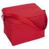 A red nylon cooler bag with a zip closure and an adjustable strap, featuring a pocket on the side and a logo.