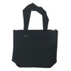 A black nylon shopping tote with two handles and a side mesh pocket. Features a zip closure and a logo.
