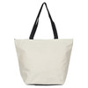 A beige tote bag with black handles. The bag has a simple design and features a logo.