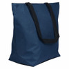A navy blue tote bag with black handles, featuring a simple design and a logo.