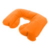 An orange travel neck pillow with a U-shape design, featuring a soft, plush material. It has a logo.