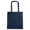 A navy non-woven tote bag with a V gusset and two sturdy handles, featuring a logo.
