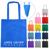 A blue non-woven tote bag with a V gusset, featuring a logo, alongside various coloured bags.