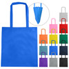 A blue non-woven tote bag with a v gusset and long straps, displayed alongside various coloured options.
