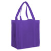 A reusable grocery bag in vibrant purple with sturdy handles and a simple design, featuring a logo.