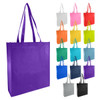 A large purple non-woven reusable grocery bag with two handles, displayed alongside bags in various colours.