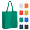 A green extra large non-woven reusable grocery bag with two handles, displayed alongside bags in various colours.