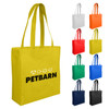 A yellow non-woven reusable grocery bag with two handles and a branding logo, available in multiple colours including white, orange, and green.