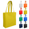 A yellow reusable grocery bag with two handles, displayed alongside bags in various colours including white, orange, red, yellow, green, and navy.