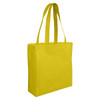 A bright yellow reusable grocery bag with two handles and a simple design. It includes a logo on the front.