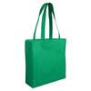 A green non-woven reusable grocery bag with two handles and a simple design. It features a logo on the front.