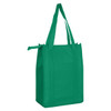 A green non-woven cooler bag with top zip closure and sturdy handles. It features a logo on the front.
