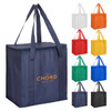 A non-woven cooler bag with a zipped lid, featuring multiple colour options and sturdy handles. It has a logo printed on the front.