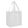 A white non-woven cooler bag with a zipped lid and two handles. It features a logo on the side.