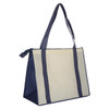 A large non-woven zipped shopping bag in navy and cream, featuring sturdy handles and a zip closure.