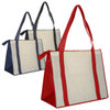 Three non-woven large zipped shopping bags in red, navy, and black, each with contrasting straps and a logo.