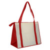 A large red and cream non-woven zipped shopping bag with long handles and a logo.