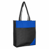 A reusable non-woven bag in black with a blue accent, featuring two shoulder straps and a logo.